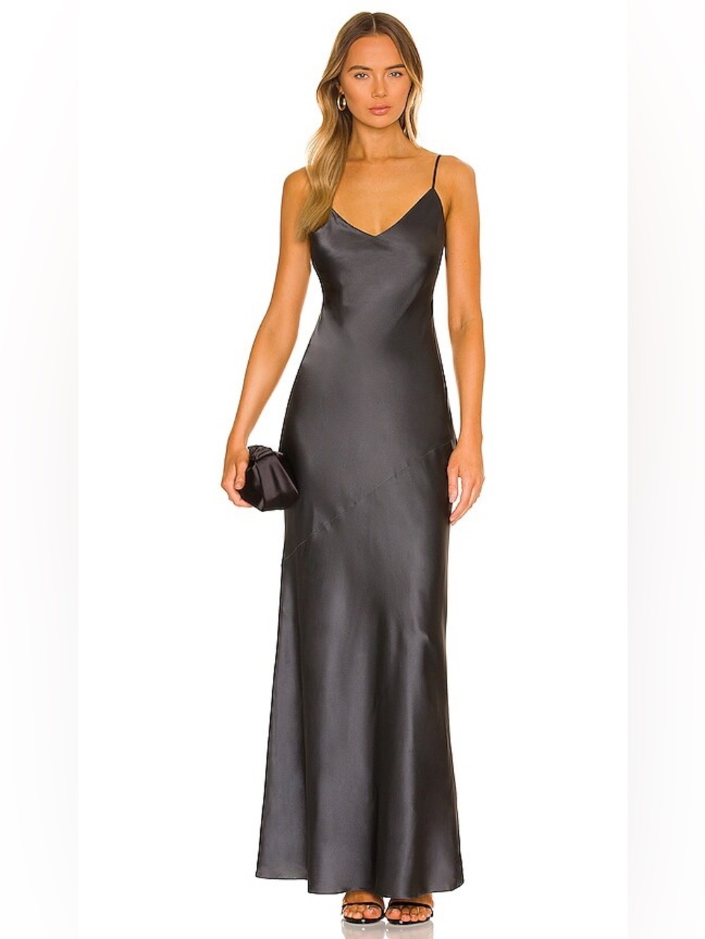 L'AGENCE Serita Maxi V-Neck Bias Dress in Dark Graphite